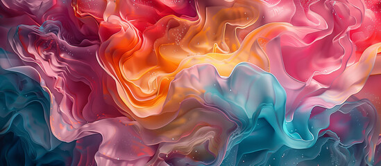 Fototapeta premium A colorful, abstract painting of a flowing fabric with a blue, pink, and orange swirl. The colors are vibrant and the brushstrokes are bold, creating a sense of movement and energy