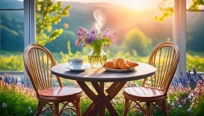 A small round table with two chairs, a steaming cup of coffee, a plate with croissants, 