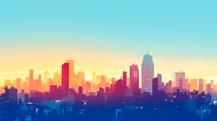 夕暮れの高層ビル群の都市風景の水彩イラスト