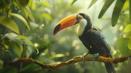 Naklejka premium Stunning toucan perched on a branch in its natural rainforest habitat, surrounded by lush green foliage and bathed in soft sunlight.