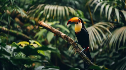 Vibrant toucan perched on a branch in a tropical rainforest, surrounded by lush green foliage.