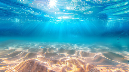 A view of the beach from below the water, with waves gently rolling overhead and sunlight creating...