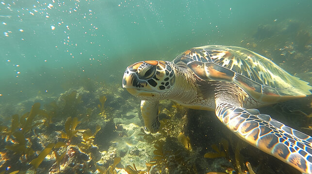 A sea turtle swimming gracefully towards the surface, with sunlight filtering through the water, creating shimmering patterns and illuminating the turtle's shell.
