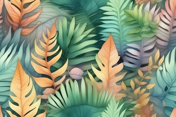 Fototapeta na wymiar Layered pattern of rainforest foliage, including ferns, large leaves and vines