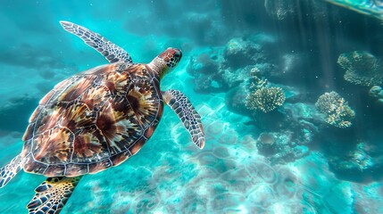 Obraz premium A stunning underwater shot of a sea turtle swimming gracefully over vibrant coral reefs in clear blue water, showcasing marine beauty and biodiversity.