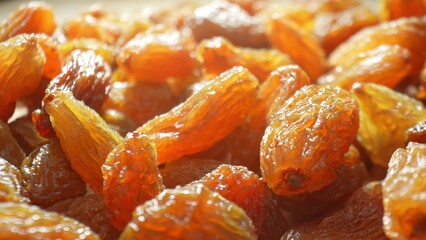 A close-up captures the intricate world of green raisins, their surface a mosaic of amber and...