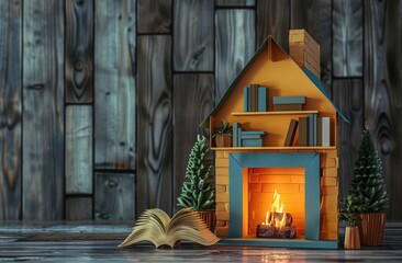 small paper house with living room interior, fireplace and bookcase on wooden background