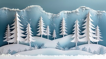 Winter-themed paper cutout of snowy landscapes and pine trees