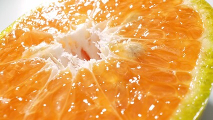 A tantalizing close-up captures the succulent half of an orange, its juicy segments shimmering in...