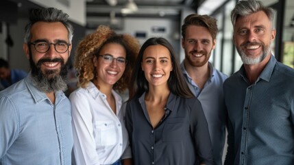 Obraz premium Professional white-collar team smiling confidently in a modern office setting, faces sharply in focus under bright lights, HD close-up of their upper bodies