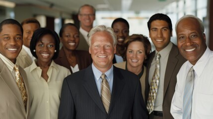 Obraz premium Professional white-collar team smiling confidently in a modern office setting, faces sharply in focus under bright lights, HD close-up of their upper bodies