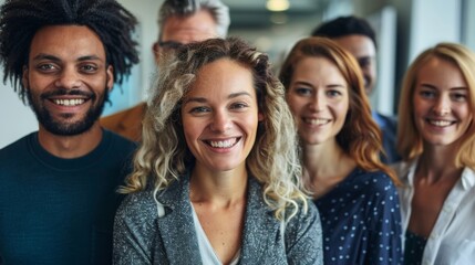 Fototapeta premium Professional white-collar team smiling confidently in a modern office setting, faces sharply in focus under bright lights, HD close-up of their upper bodies