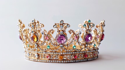 Luxury queen royal crown in gold and bronze on white background. Jewel and pearl decoration