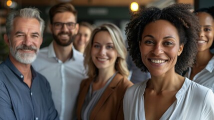 Obraz premium Professional white-collar team smiling confidently in a modern office setting, faces sharply in focus under bright lights, HD close-up of their upper bodies