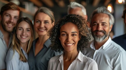 Fototapeta premium Professional white-collar team smiling confidently in a modern office setting, faces sharply in focus under bright lights, HD close-up of their upper bodies