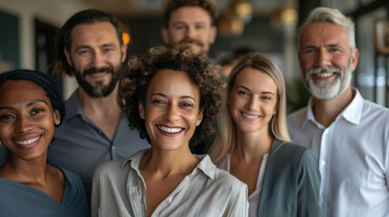 Obraz premium Professional white-collar team smiling confidently in a modern office setting, faces sharply in focus under bright lights, HD close-up of their upper bodies