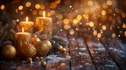 A golden Christmas scene with lit candles and gold ornaments on a wooden table. 