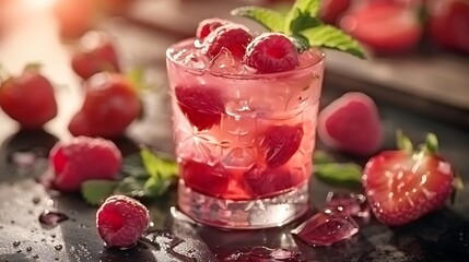 A glass of pink liquid, garnished with raspberries and mint, on a table in front of more...