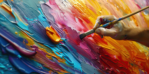 An artist adds the final touches to their vibrant, colorful mural, the colors almost jumping off the wall