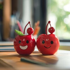Two couple cherry with smiley faces on a desk. International Friendship Day Concept.