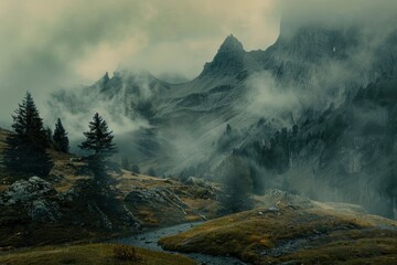 View of beautiful moody landscape in the Alps - generative ai