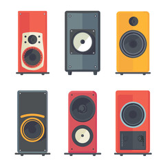 Flat design vector illustration featuring six colorful speakers. Different speaker designs including tall, short, rectangular shapes red, orange, black colors. Cartoon style audio equipment