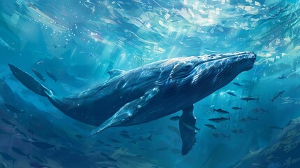 majestic encounter blue whale gracefully navigating squid school digital painting