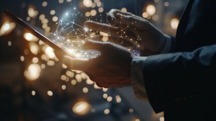 Businessman Exploring Virtual Blockchain Network on Tablet