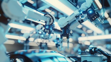 Futuristic Robotic Arms in Automotive Factory Production Line