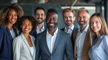 Fototapeta premium Professional white-collar team smiling confidently in a modern office setting, faces sharply in focus under bright lights, HD close-up of their upper bodies