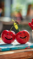 Two couple cherry with smiley faces on a desk. International Friendship Day Concept.