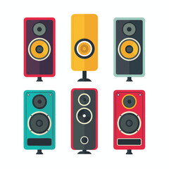 Set colorful standing speakers isolated white background. Six different speaker designs, flat vector illustration style, audio equipment. Collection music speakers, sound system icons, various