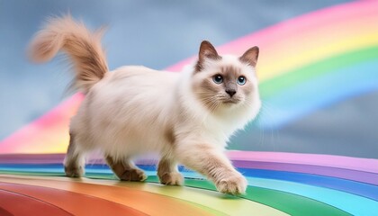 cute cat with colorful rainbow on blurred background