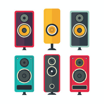 Set colorful standing speakers isolated white background. Six different speaker designs, flat vector illustration style, audio equipment. Collection music speakers, sound system icons, various