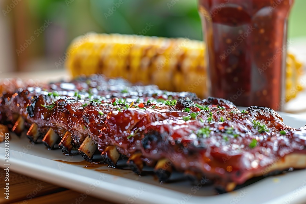 Wall mural delicious bbq ribs with grilled corn on the cob and refreshing drink on a white plate - Wall murals
