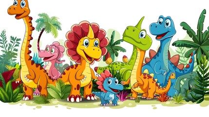 Obraz premium Vibrant Cartoon Dinosaur Scene with Playful Prehistoric Creatures in a Lush Tropical Setting