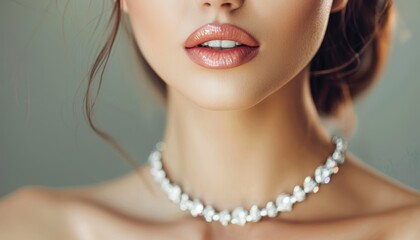 At a luxury wedding a beautiful woman adorns a shimmering diamond necklace