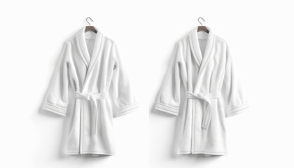 2 white bathrobes hanging in a hotel room with a white background