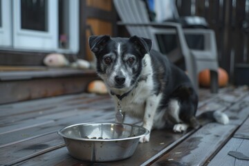 A dog eagerly waiting to be fed on a deck