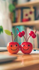 Two couple cherry with smiley faces on a desk. International Friendship Day Concept.