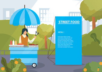 young girl selling food cart on the side of the road, where street vendors sell. vector illustration