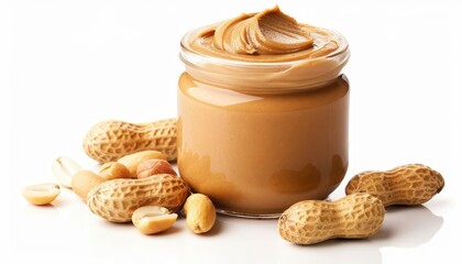 American peanut butter in a jar with peanuts on a white background a classic US culinary item