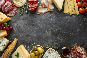 Assorted cheese and meat appetizers on dark slate background with space for text