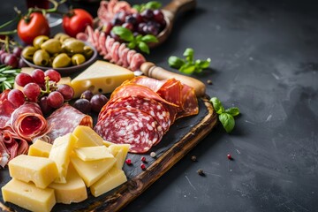 Assorted cheese fruit and meat on a dark background with space for text wide view