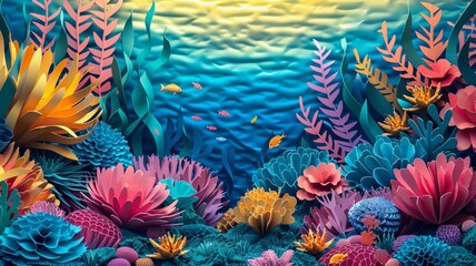 Intricate paper craft art depicting a colorful underwater coral reef
