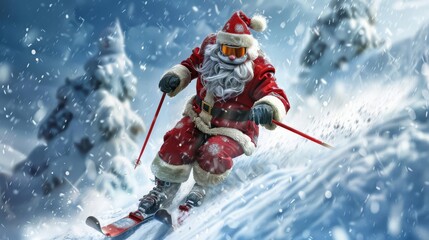 santa claus skiing down snowy mountain slope with determined expression dynamic action shot winter sports illustration