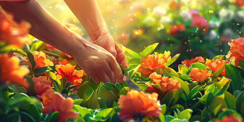 A gardener carefully tends to their vibrant garden, lovingly pruning each bloom to perfection