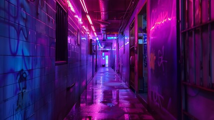 abstract background of futuristic corridor with purple and blue neon lights. 