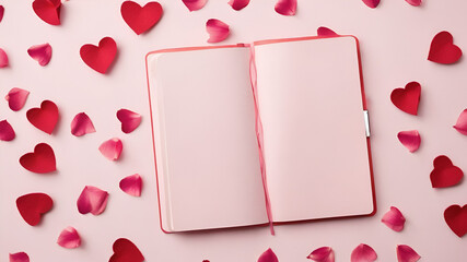 Valentine's day background with red hearts and notebook on pink background
