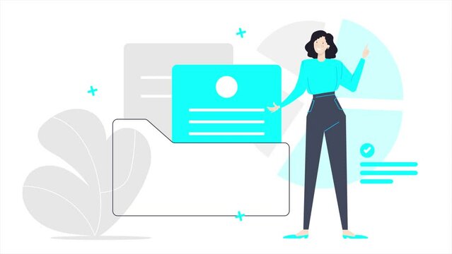 Woman with documents business administration and data storage animated illustration